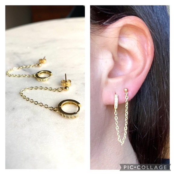 Hand Crafted Jewelry - Cubic Zirconia Huggies Double Pierce Drop Chain Earrings